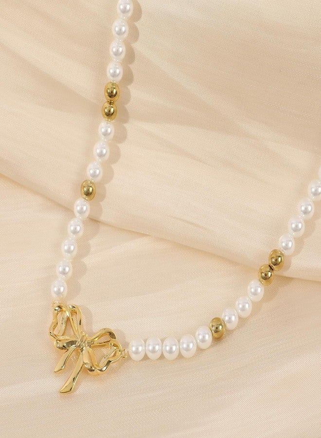 MOONWALTZ Pearl Choker Necklace for Women 14K Gold Plated Bow Necklace Elegant Bowknot Charm Pearl Necklace Gold Ball Beaded Bow Knot Ribbon Choker Necklace Summer Trendy Y2K Party Jewelry Gift for Women - Image 3